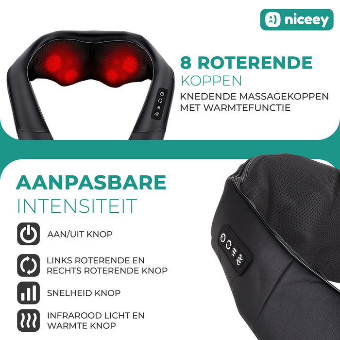 Niceey Shiatsu Massagekussen - Verwarmd Nek en Rug massageapparaat - Zwart