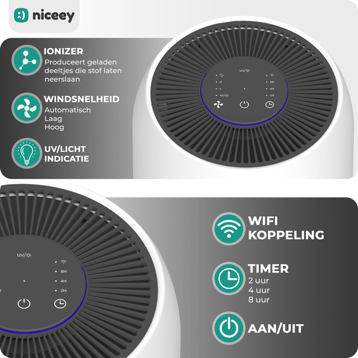 Niceey Luchtreiniger - CADR: 300 m³/h - HEPA 13 - Koolstoffilter - Wit