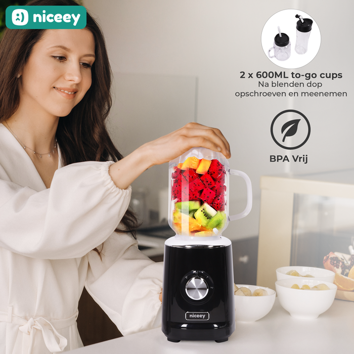 Niceey Mini Blender - Smoothie Maker - 500W - Zwart