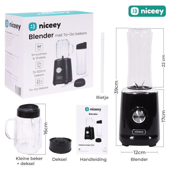 Niceey Mini Blender - Smoothie Maker - 500W - Zwart