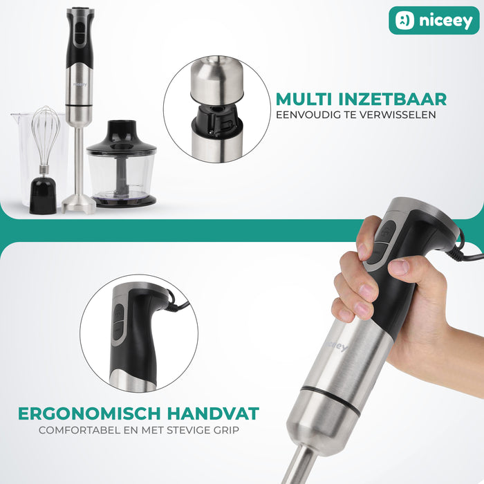 Niceey Staafmixer - Hakmolen 4-in-1 Set - 1000W - RVS