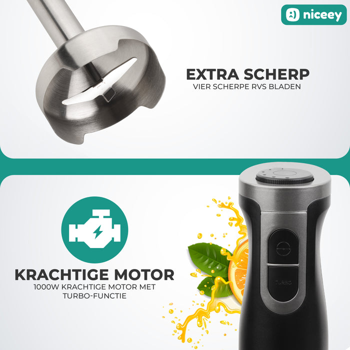 Niceey Staafmixer - Hakmolen 4-in-1 Set - 1000W - RVS