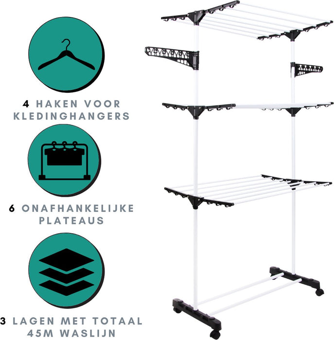 Niceey Droogtoren - 45m drooglengte - Op Wieltjes - Wasrek - Droogrek inklapbaar - Voor alle soorten ruimtes - Verstelbaar - Wit
