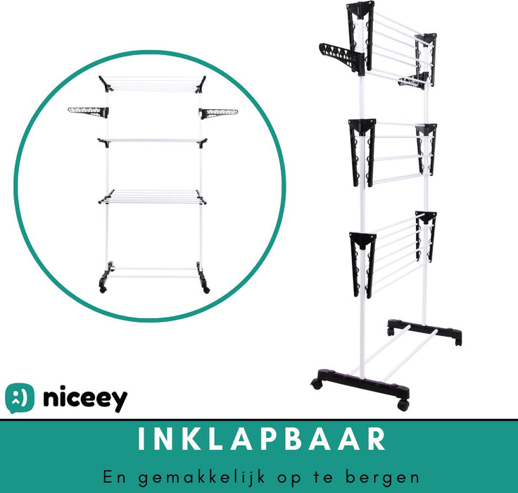 Niceey Droogtoren - 45m drooglengte - Op Wieltjes - Wasrek - Droogrek inklapbaar - Voor alle soorten ruimtes - Verstelbaar - Wit