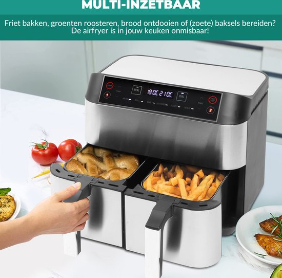 Niceey Dubbele Airfryer XXL - Twee Kookvakken - 8.0 Liter - 2460 Watt - Incl. Kookboek - Dual Functie - Zilver