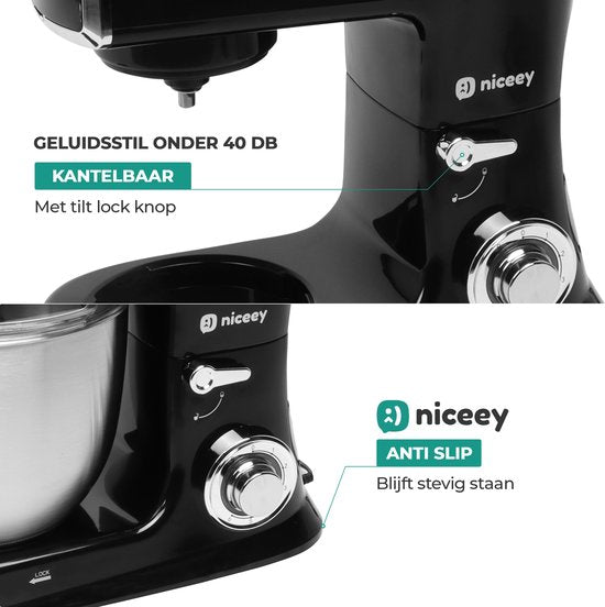 Niceey Keukenmachine 3-in-1 - Keukenrobot - Foodprocessor - 1500W - RVS Mengkom (7,5L) - Mixer met Garde Deeghaak Menghaak - Incl Gehaktmolen en Blender - Zwart