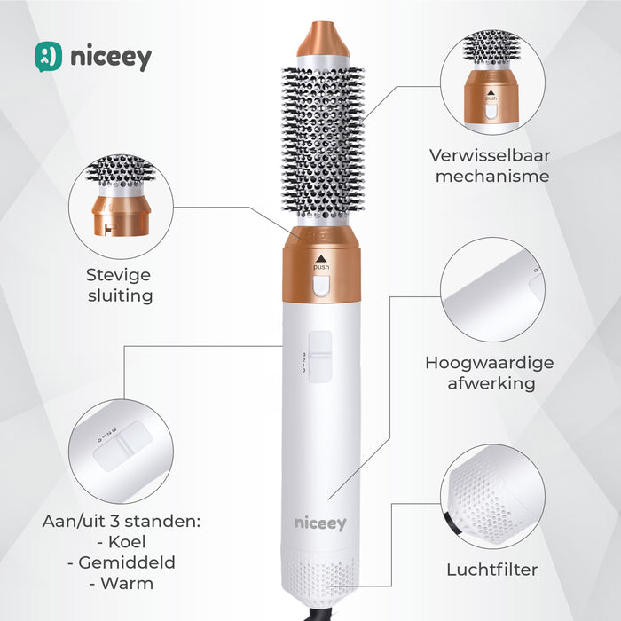 Niceey Fohnborstel - Multi Styler 5-in-1 Set - Stijlborstel - Krultang met Opzetstukken - Haardroger met Borstel - Met Handschoen - Krulborstel - Haarborstel