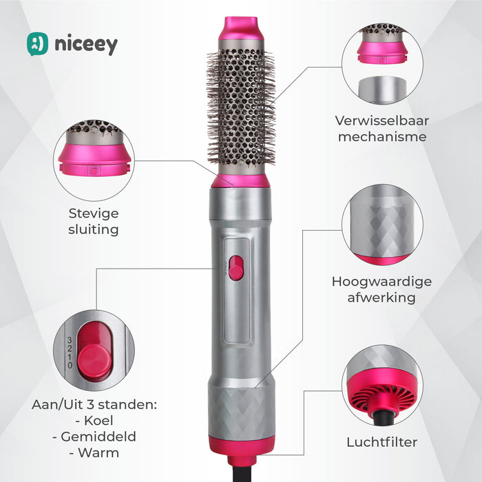 Niceey Föhnborstel 5-in-1 - Multistyler - Krulborstel - Grijs/Roze