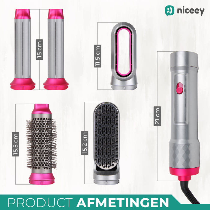 Niceey Föhnborstel 5-in-1 - Multistyler - Krulborstel - Grijs/Roze